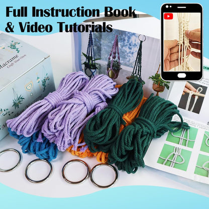 Ewparts Macrame Plant Hanger Kit with Instruction Book Tutorials Metal Rings 4mm Macrame Cord Green/Purple/Orange/Blue Pre-Cutted for Making 4 Macrame Plant Hangers Macrame Kit for Adults Beginners