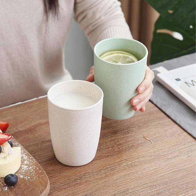 Wheat Straw Cups set of 4, Unbreakable Drinking Cup, Reusable Cups, Dishwasher Safe, 12 oz for Kitchen, Home, Office and Outdoor Use (Color Pink Blue Green Beige)