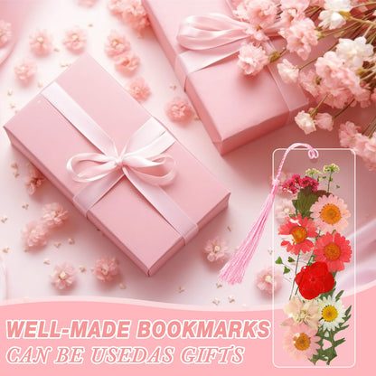 AmazingSpark 222 Pcs Dried Flower Bookmark Making Kit Include DIY Pressed Flower Colorful Tassels Ribbons and Transparent Bookmark Laminating Pouches 2 x 6 Inch(Pink)