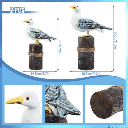 Meching 2Pcs Wooden Seagull Figurine on Piling Mediterranean Style Sea Bird Statue Craft Standing Seagull Decorations for Home Indoor Decor Living Room Kitchen Beach Party Bedroom Office Accessories