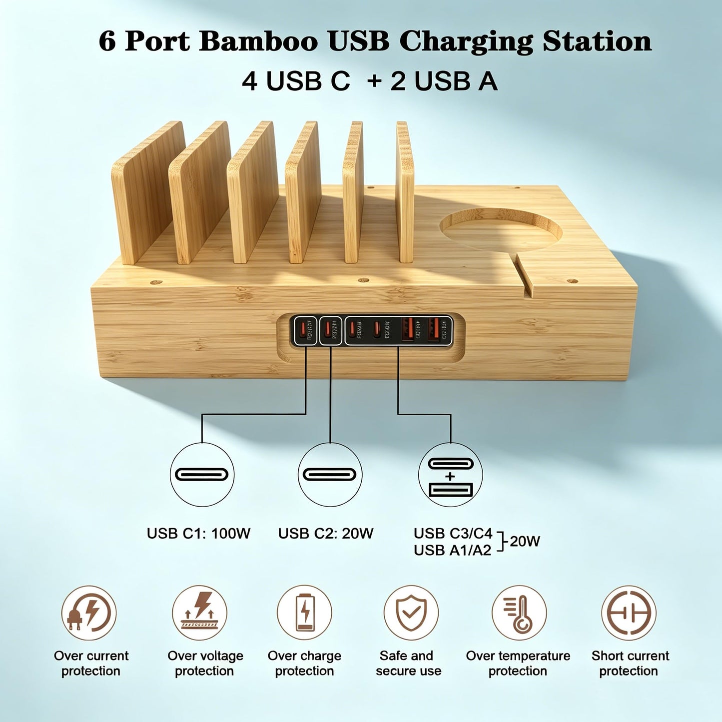 Xunhonom 6 Port USB Charging Station for Multiple Devices PD 100W Bamboo Charging Station Organzier with Detachable 15W 3 in 1 Wireless Charger Station for iPhone Android Apple Watch AirPod Tablet