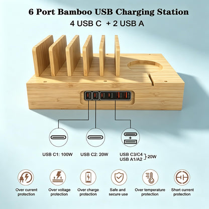 Xunhonom 6 Port USB Charging Station for Multiple Devices PD 100W Bamboo Charging Station Organzier with Detachable 15W 3 in 1 Wireless Charger Station for iPhone Android Apple Watch AirPod Tablet