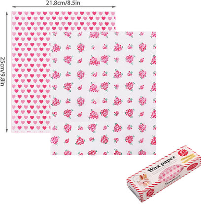 Sunch Craft 100 Sheets Wax Paper Sheets Heart & Rose Pattern Greaseproof Basket Liners Wrap Paper Sandwich Burger Chips Cookies Deli Paper Food Grade Baking Parchment 8.5 x 9.8 in