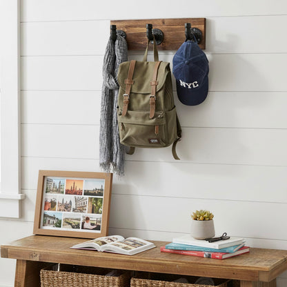 MyGift Burnt Wood Wall Mount Coat Hook Rack and Hat Rack with 3 Hooks Pipe Fixture Design