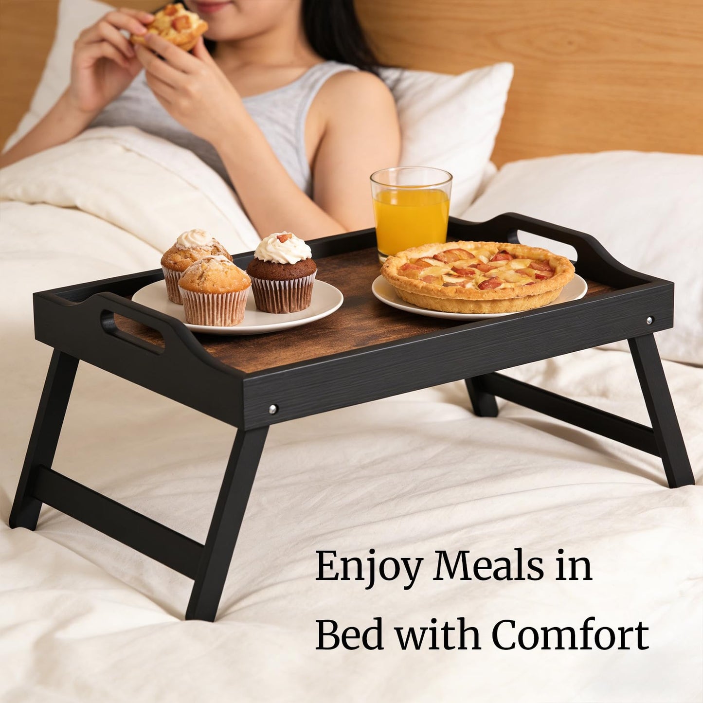 Fibogollo Wooden Bed Tray Table with Folding Legs and Handle,Breakfast Trays,Serving Tray for Food and Snack,Laptop Laptop Desk for Working