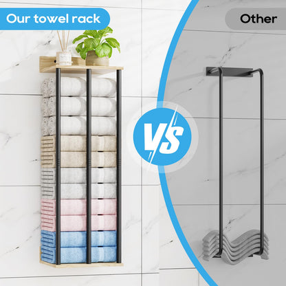 WeGXY Towel Racks for Bathroom Wall Mounted, 3 Bar Wall Towel Rack for Rolled Towels, Metal Towel Holder with Wooden Shelf, Sturdy and Large Capacity, Towel Storage Organizer