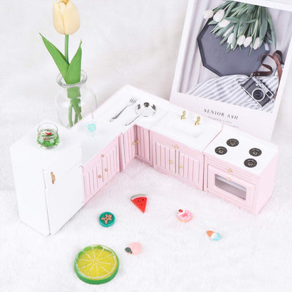 Haomian 1:12 Scale Dollhouse Kitchen Furniture Set, Pink Wooden Miniature L-Shaped Kitchen Cabinets with Fridge Sink Stove, Doll House Kitchen Accessories for Role Play DIY Decor Collectibles