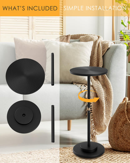 Round Side Table, Small Drink Table for Small Spaces, Modern Accent End Table with Metal Leg for Living Room, Bedroom, Corners, and Office (Black)