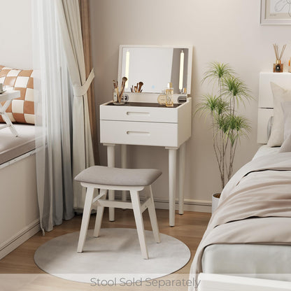 Muwuele Solid Wood Small Vanity Desk with Mirror and Lights, Narrow Makeup Vanity for Small Space, Flip Top Vanity Side Table, 3 Color Modes & Adjustable Brightness, 19.6" Slim Dressing Table, White