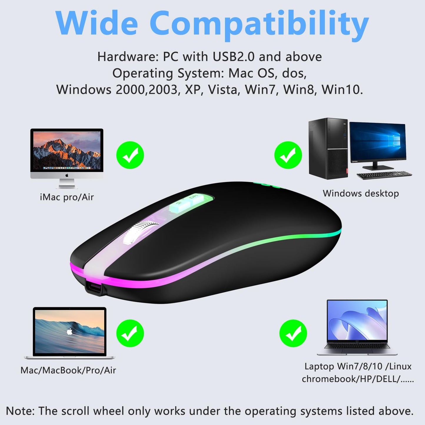 KARFUN Wireless Mouse, Backlit LED Portable Slim Computer Mouse for Laptop, PC, Computer, MacBook, iPad, Chromebook, Notebook, 2.4G Rechargeable Wireless Mouse (Black) (Black-Transparent Nose)