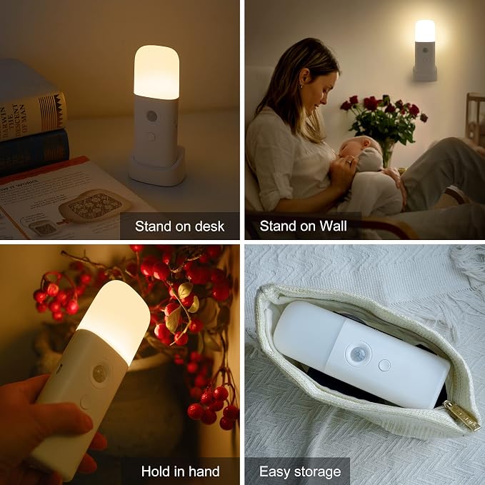 YELKO Rechargeable Motion Sensor Night Light, Battery Operated nightlights, Dimmable Motion Sensor Light Indoor, Cordless Motion Activated Night Lights for Adults, Hallway (Cool White 4Pack)