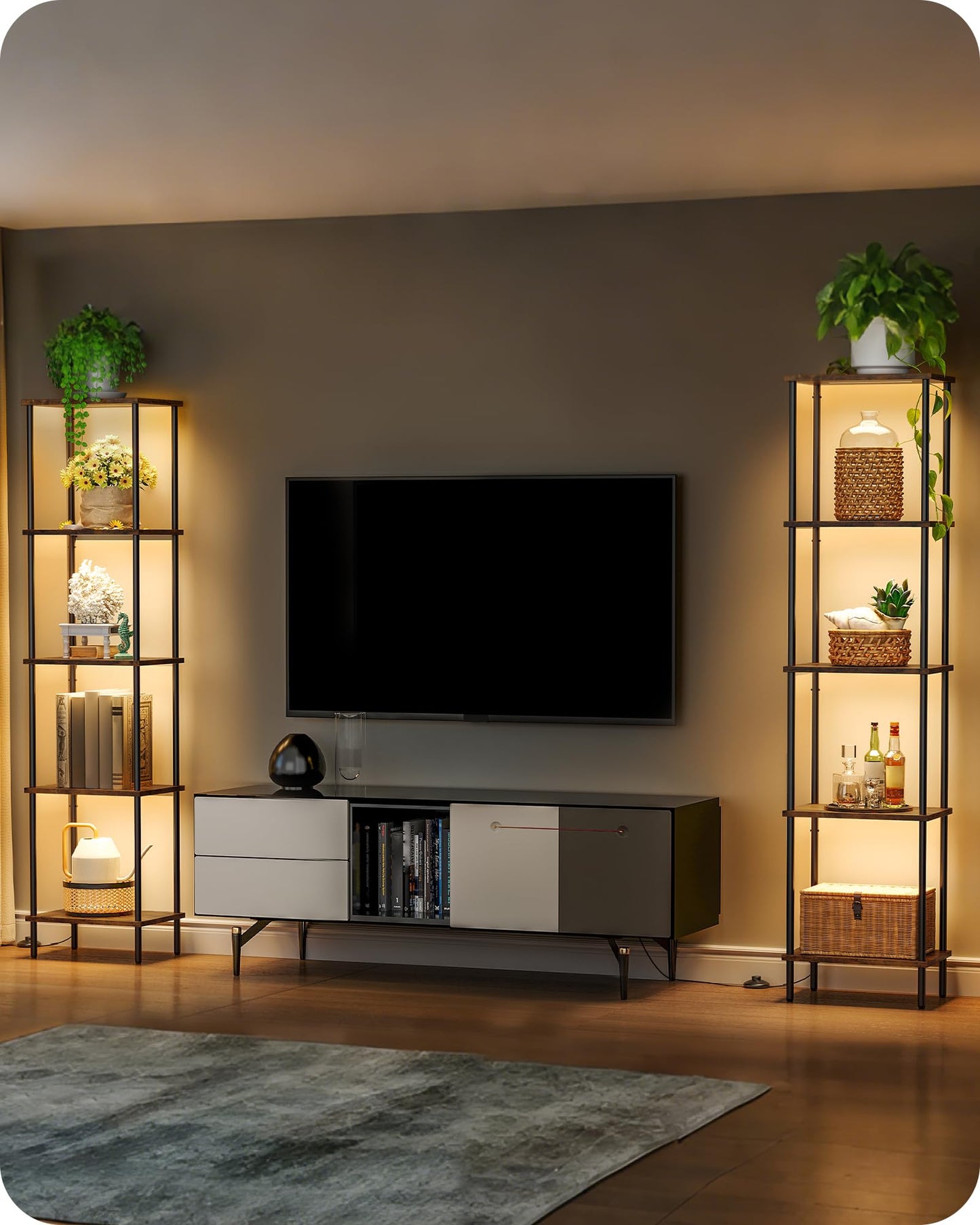 GOEBLESON Display Shelf with Light, 5-Tier Modern Shelf Lamp, Corner Floor Lamp with Shelves, Dimmable LED Floor Lamp for Living Room with Remote, 3CCT, Timer, Wooden Corner Shelf Lamp, F52LD05