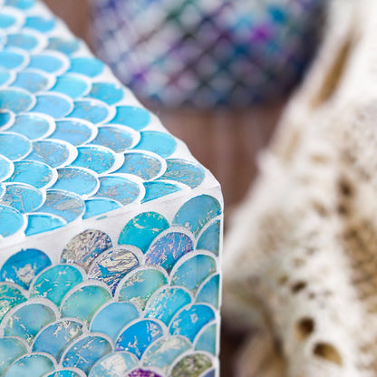 WDHODEC Mermaid Glass Tissue Box Cover Square Decorative Tissue Box Holder Handmade Wooden Tissue Box Cube for Living Room, Dining Room, Cafe, Hotel, Office