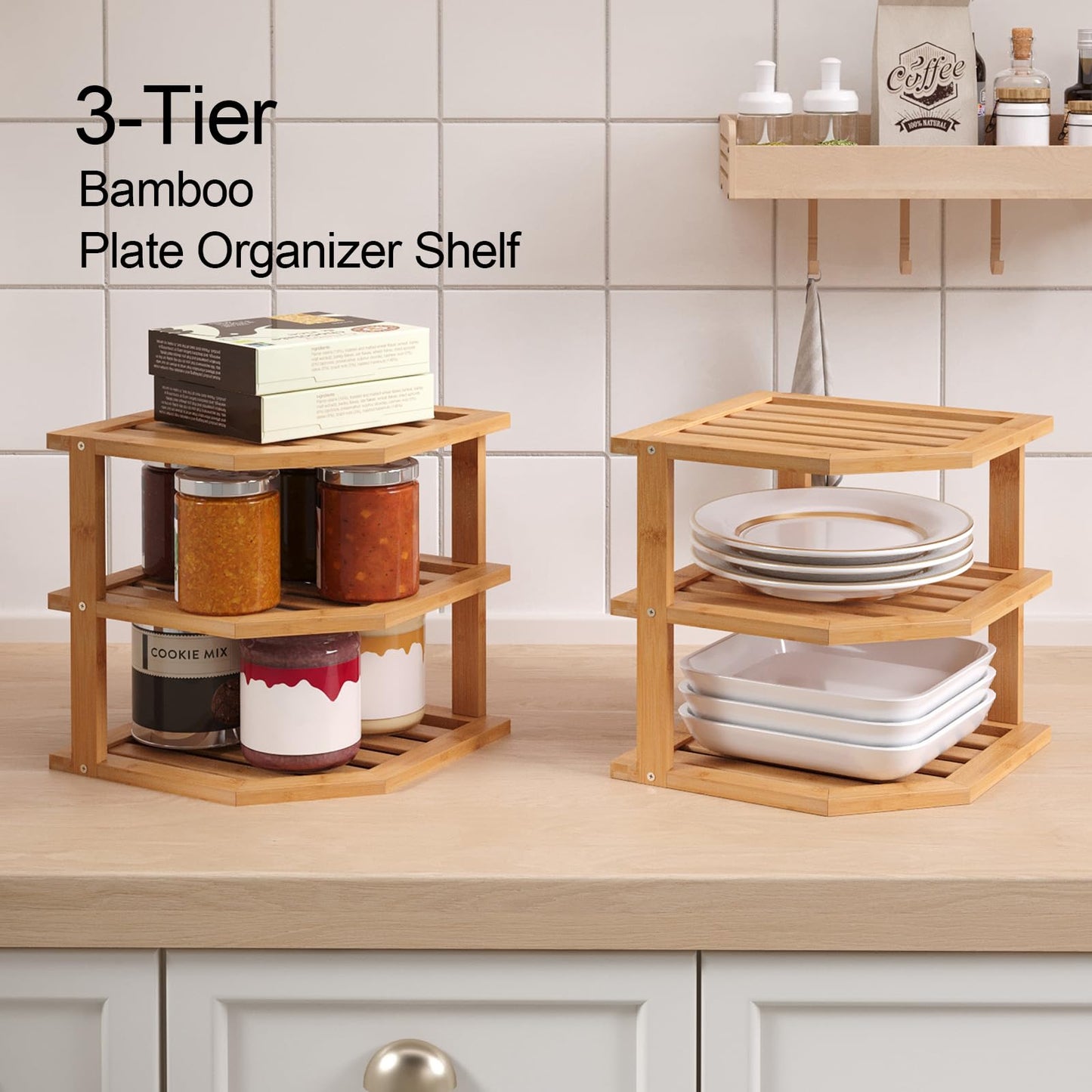 VERTORGAN 3 Tier Bamboo Corner Shelf(2 Pack),Plate Organizer,Dish Drying Rack,Kitchen Spice Rack for Countertop and Cabinet