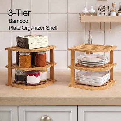 VERTORGAN 3 Tier Bamboo Corner Shelf(2 Pack),Plate Organizer,Dish Drying Rack,Kitchen Spice Rack for Countertop and Cabinet