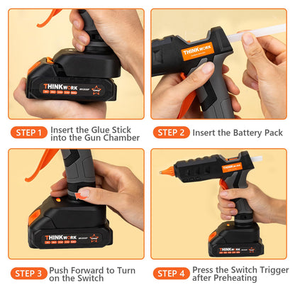 THINKWORK 20V Cordless Hot Glue Gun and Sticks Set, Rechargeable Glue Gun with 30 PCS Full Size Sticks and Battery, Fast Heating for Arts & Crafts, DIY Projects and Home Repairs