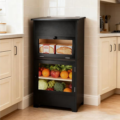 Large Potato and Onion Storage Bin - Wooden Stackable Bread Storage Box with Lid & Mesh Doors, Decorative Fruit and Vegetable Organization Cabinet for Kitchen, 15.75"W x 10.7"D x 33.5"H (Black)