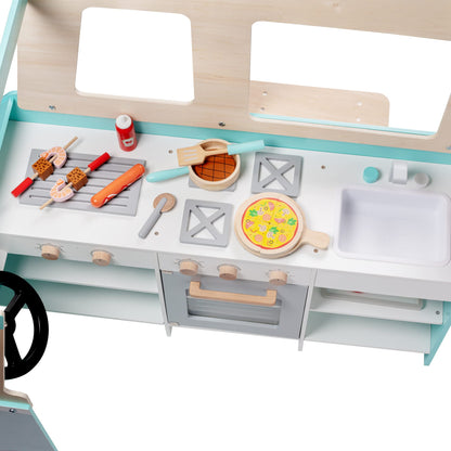 Food Truck Wooden Playset- 20 Fun Toy Pieces Including Cook Top, Steering Wheel, Sticker Sheet for Kids Name- Food Tray, Pizza Slices & More, Dual Sided Play Stand for Indoor Fun Activity, For Ages 3+