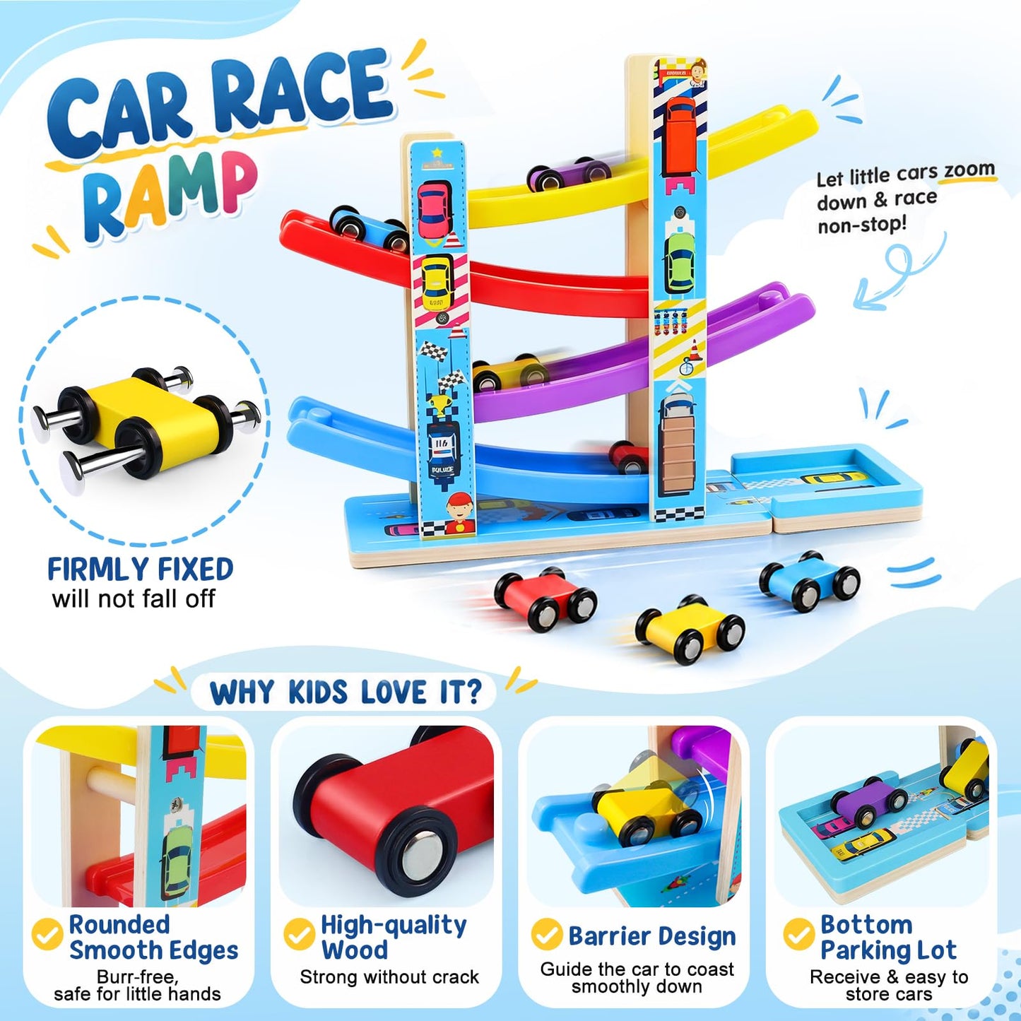 Heirio Montessori Toys for 1 2 3 Year Old Boy Girl - No Assembly Wooden Car Ramp Toy with 4 Race Cars & Parking Lot Garage, Perfect 18 Month 2nd 3rd Birthday Gifts for Toddlers Kids