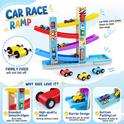 Heirio Montessori Toys for 1 2 3 Year Old Boy Girl - No Assembly Wooden Car Ramp Toy with 4 Race Cars & Parking Lot Garage, Perfect 18 Month 2nd 3rd Birthday Gifts for Toddlers Kids