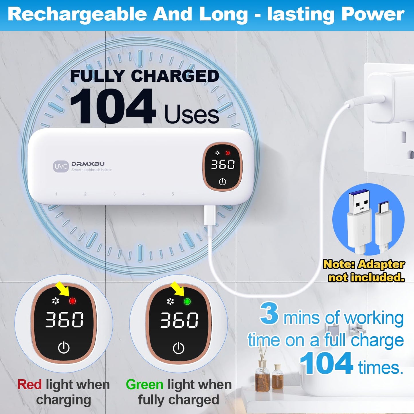 Toothbrush Sanitizer and Holder, DRMXBU Toothbrush Holders for Bathrooms with Light Clean Air Dry, Rechargeable Toothbrush Holders Wall Mounted with 5 Slots, Timer Function Tooth Brush Cleaner Case