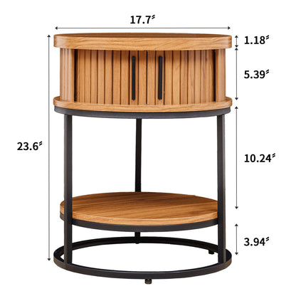 Turtle&Myrtle Small Round Side Table with Storage, 2-Tier Wooden End Table with Sliding Door and Shelf, Mid-Century Circle Nightstand for Living Room, Bedroom, Walnut, 2PC