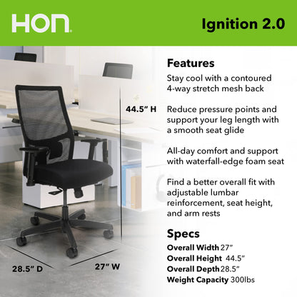 Bundle of HON Office Desk Chair Ignition 2.0 - Ergonomic Desk Chair, Home Office Chairs, Adjustable Lumbar & Armrests, Black + Carpet Chair Mat (36” x 48”)