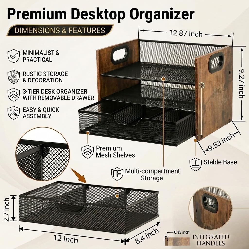 Boershun Wood Desk Organizer - 3-Tier Desktop File Organizer with Drawer, Wooden Paper Tray, Office Desk Organzier and Accessories for Papers, Mail, Notebooks, Stationery