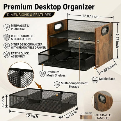 Boershun Wood Desk Organizer - 3-Tier Desktop File Organizer with Drawer, Wooden Paper Tray, Office Desk Organzier and Accessories for Papers, Mail, Notebooks, Stationery