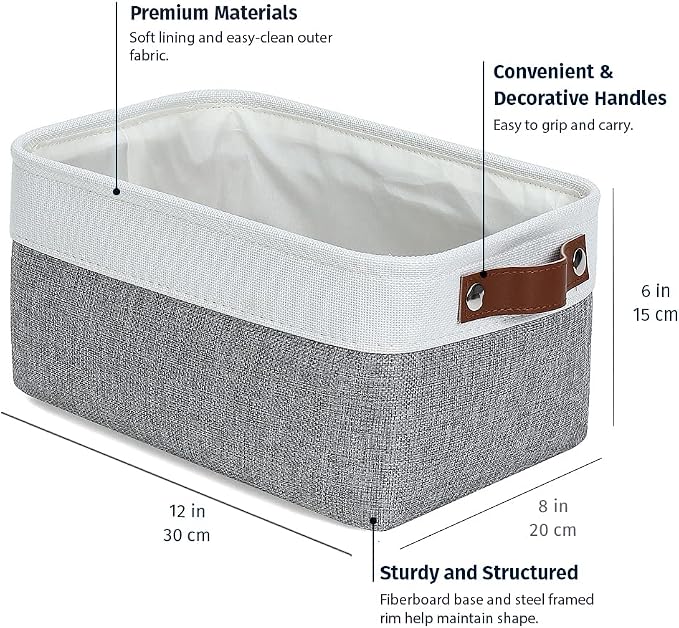 OrganiHaus 12x8in Canvas Storage Baskets 3 Pack | SMALL Fabric Bins for Shelves | Pantry & Bathroom Organizer | Gray/Off-White