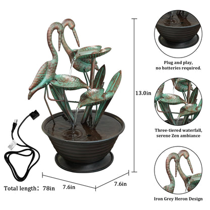 YEAHOME Tabletop Water Fountain with Standing Metal Crane for Home Decor, 3-Tier Lotus Leaf Indoor Zen Waterfall Fountains for Apartment, Living Room, Housewarming Gifts