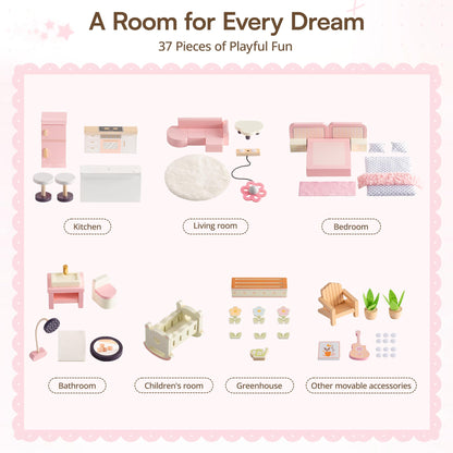 ROBOTIME Doll House for Girls – Three-Story Wooden Dollhouse with 6 Open Rooms, Transparent Conservatory, 37Pcs DIY Modular Furniture Accessories, Pretend Dollouse Creative Gift for Girl Ages 3+