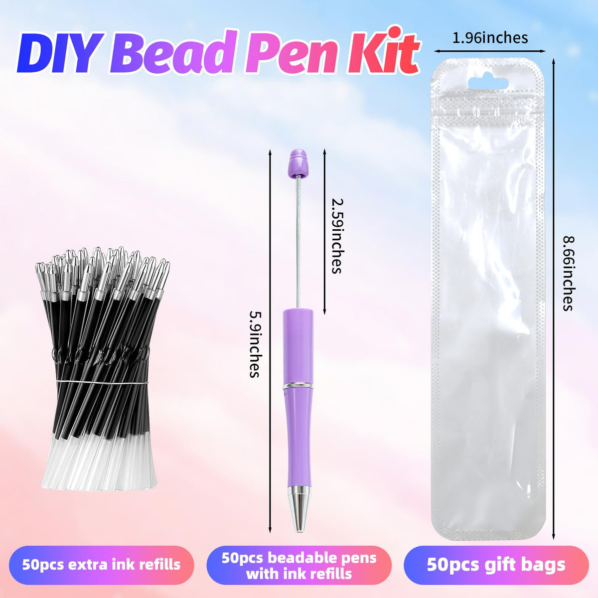 DASTTUIS 150 Pieces DIY Beadable Pen Kit – 50 Plastic Ballpoint Pens with Refills & Bags, Beads Not Included – School Supplies, Office Accessories & Craft Gifts for Students & Teachers (Multicolor)