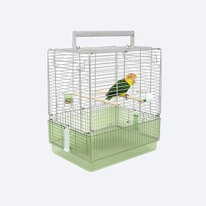 304 Stainless Steel Travel Bird Cage, 17 Inch Foldable Carrier for Conures Cockatiels Grey Parrots Caiques, with Aluminum Handle Perch (Green, Large Birdcage)