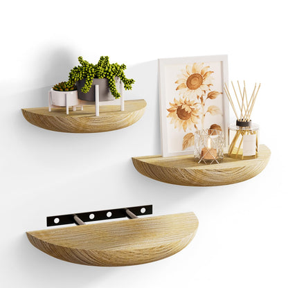 QsQueen Solid Wood Half Round Floating Wall Shelves | Elegant Floating Shelves, Elevate Your Space. Perfect for Living Rooms, Bathrooms, Bedrooms, Offices, Children's Rooms Light Brown