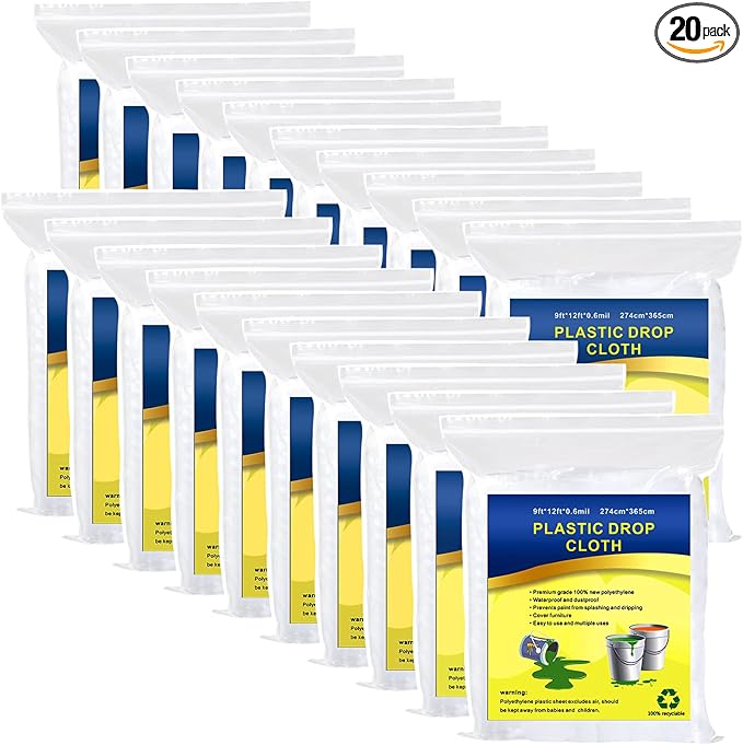 20 Pieces Plastic Drop Cloth, Dust-Proof and Rustproof, 9x12 Feet Tarp