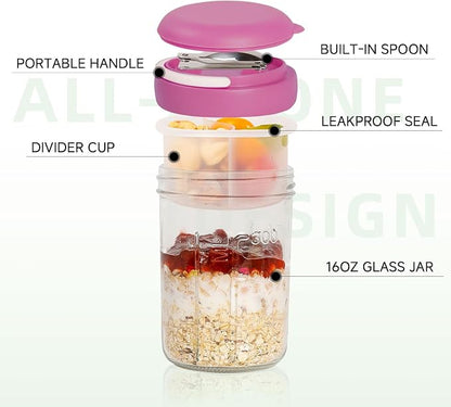 Overnight Oats Containers with Handles & Lids – 16oz Glass Mason Jars with Spoons & Fruit Compartments, Chia Pudding Jars with Lids, 4 Sets (Cream, Dark Blue, Purple, Green)