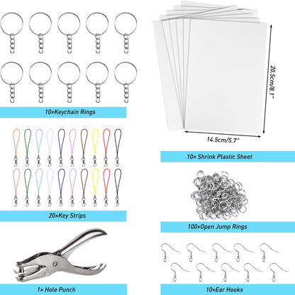 ASTARON 168Pcs Shrinking Plastic Sheets Kit Includes 15 Shrinking Film Art Paper, Hole Punch, 140 Pcs Shrinkles Keychain Jewelry Making Accessories for Kids Craft Supplies