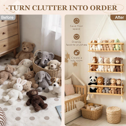 Novabright 3 Tier Stuffed Animal Storage Organizer Adjustable Hanging Plush Toy Display Shelf Boho Stuffy Hammock Storage Wooden Floating Shelf for Nursery Playroom Kids Wall Door Room Decor