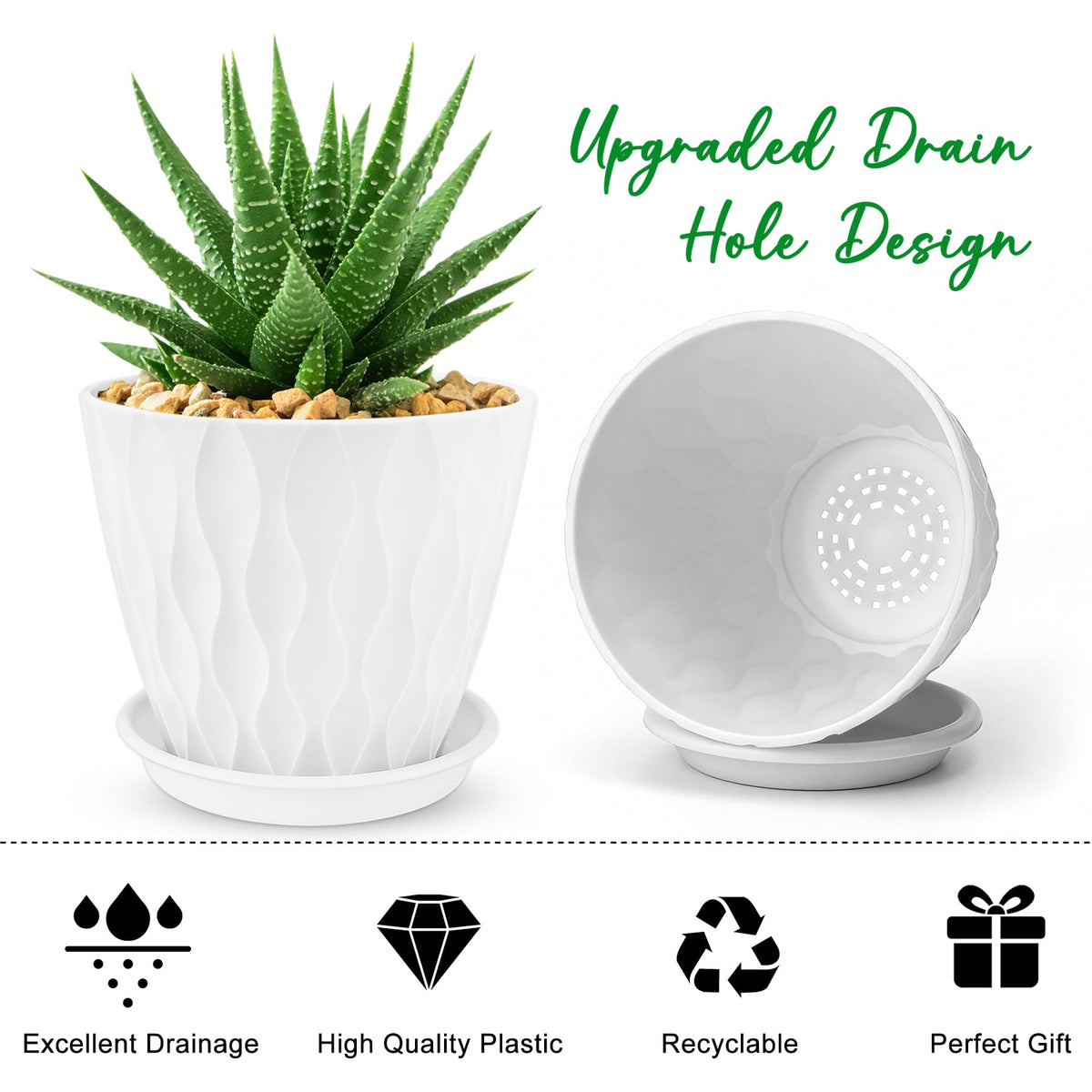 YNNICO 6 inch Plant Pots, 6 Pack Flower Pots Outdoor Indoor, Planters with Drainage Hole and Tray Saucer-White
