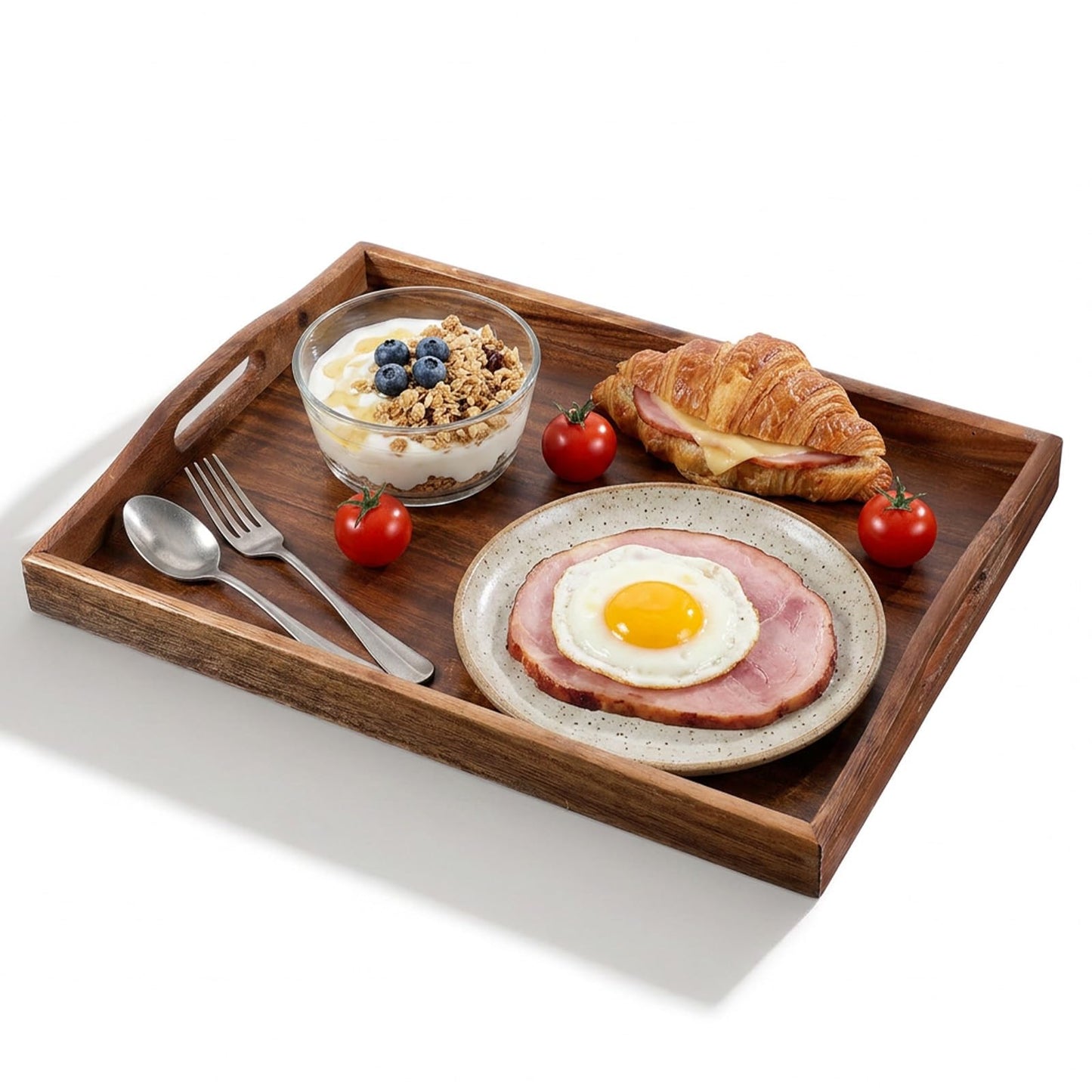 1Pack Walnut Tray, 15.7inch Nature Walnut Wooden Serving Tray with Handles Rectangle Coffee Table Trays for Living Room, Wood Trays for Ottoman Wood Food for Coffee, Breakfast, Dinner-40x30cm