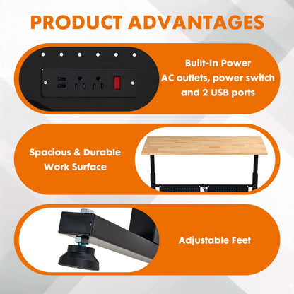 GVGBUK 48 Inch Adjustable Height Workbench, 1500 LBS Capacity Garage Work Table with Power Outlets, USB Ports & Pegboard, Solid Wood Top Work Bench for Workshop, Office, Garage