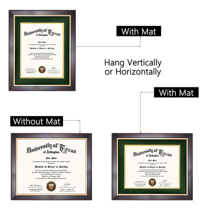 GMFrames 8.5x11 Wood Diploma Frame with Green Mat or Display 11x14 Certificates without Mat,Tempered Glass,Deep Brown Finish with Gold Trim