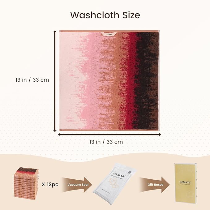 SEMAXE 100% Cotton Washcloths 12-Pack, 13 × 13 Inch Soft Luxury Face Towels –