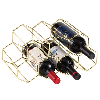 Buruis 9-Bottle Countertop Wine Rack, Honeycomb Metal Wine Holder for Red & White Wines, Standing Bottle Organizer for Home, Kitchen, or Bar, Gold