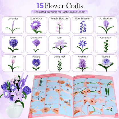 Funtopia Pipe Cleaner Flowers, 540 Pcs Pipe Cleaners Craft Bulk, Pipe Cleaner Flower Kit with Instruction, Chenille Stems for Flower Making, DIY Bouquets and Party Decorations (Purple, 12in x 7mm)