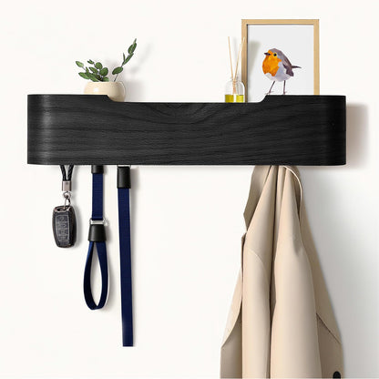 Nevsokio Coat Rack Wall Mount with Hidden Hooks, Wall Hooks with Shelf, Wall Key Holder Mount Wooden Shelf Entryway Hooks for Bedroom Bathroom for Hanging Coats Hats Bags Towels (Black, 5 Hooks)