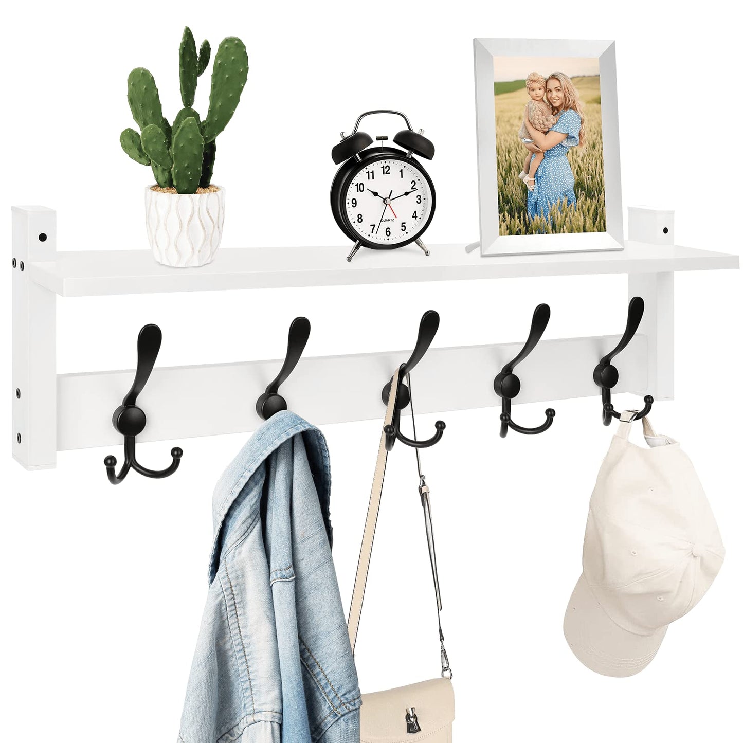 Homode Wall Shelf with Hooks, 24 Inch Coat Rack with Tri Hooks, Farmhouse Entryway Floating Coat Hanger with Storage for Bathroom, Entry Way, Mudroom, White