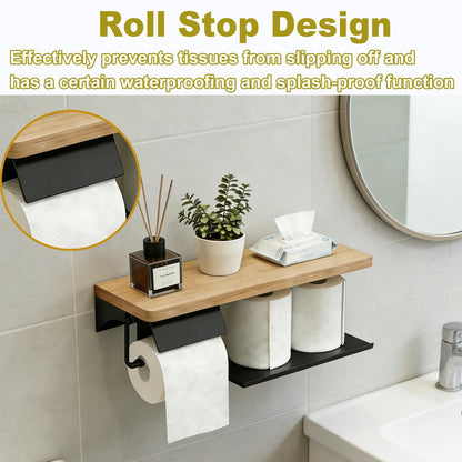 guowanpp Toilet Paper Holder with Shelf - 2 Tier Wood Toilet Paper Holder Wall Mount for Bathroom, Rustic Natural Wood Double Toilet Paper Holder, Smart Bathroom Organizer with Shelf