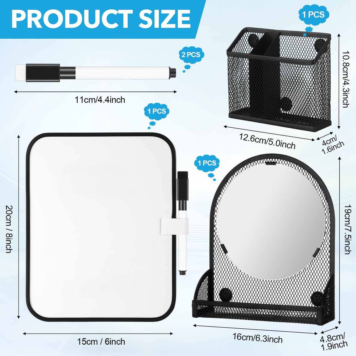 CroBlissful Set of 3 Magnetic Locker Accessories Include Mirror with Bottom Tray Magnetic Whiteboard with 2 Markers and Mesh Storage Basket for Students School Office Locker Organizer(Black)